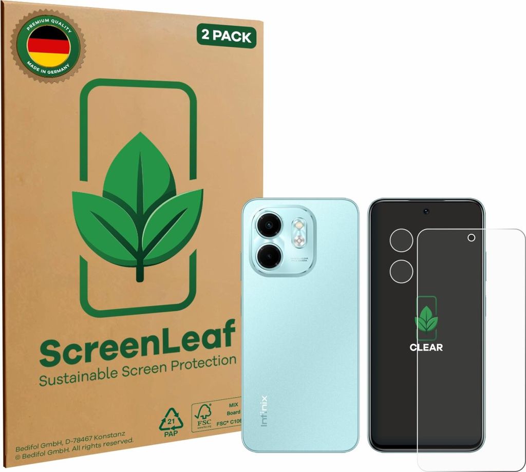 2x ScreenLeaf Schutzfolie für Infinix Smart 9 (Display+Kamera) nachhaltiger Displayschutz Display Schutz Folie Klar Transparent