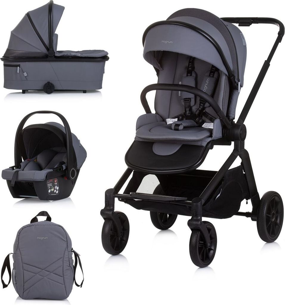 Chipolino Kombikinderwagen Magnum 3 in 1 Babywanne Sportsitz i-Size Babyschale grau