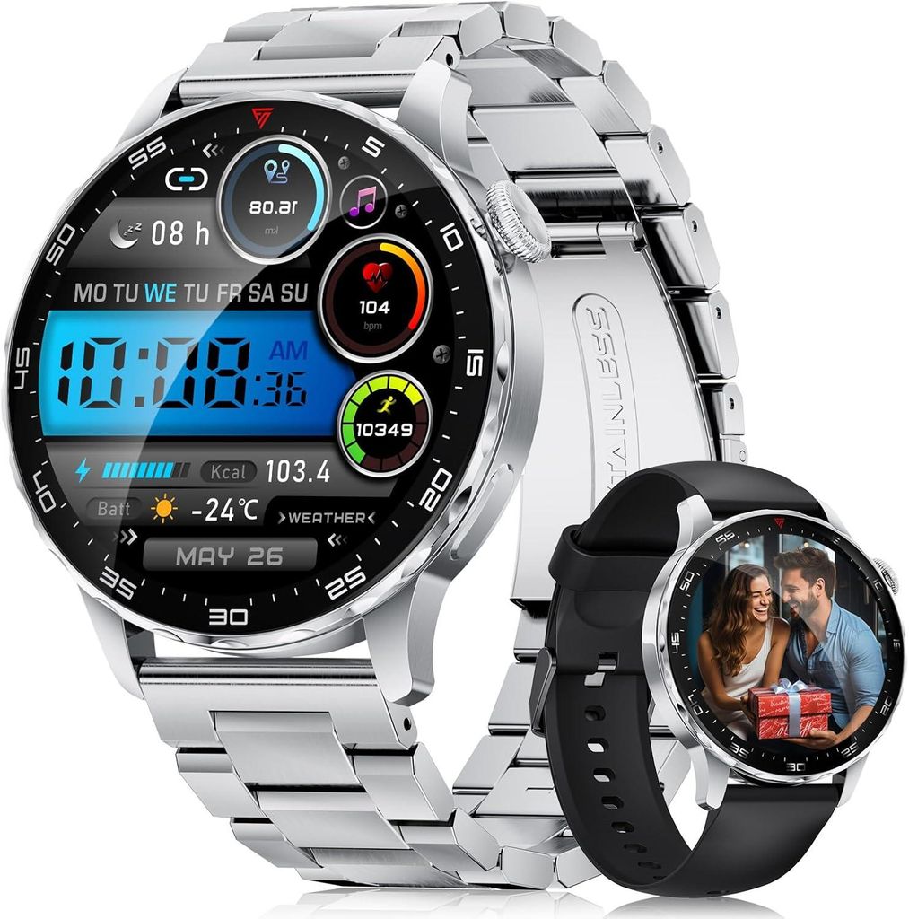 Herren Business Smartwatch mit Telefonfunktion IP68 Wasserdicht Edelstahl Fitness Uhr 1.43 Inch AMOLED Display Herzfrequenz Schlaf SpO2 Monitor 100 Sp