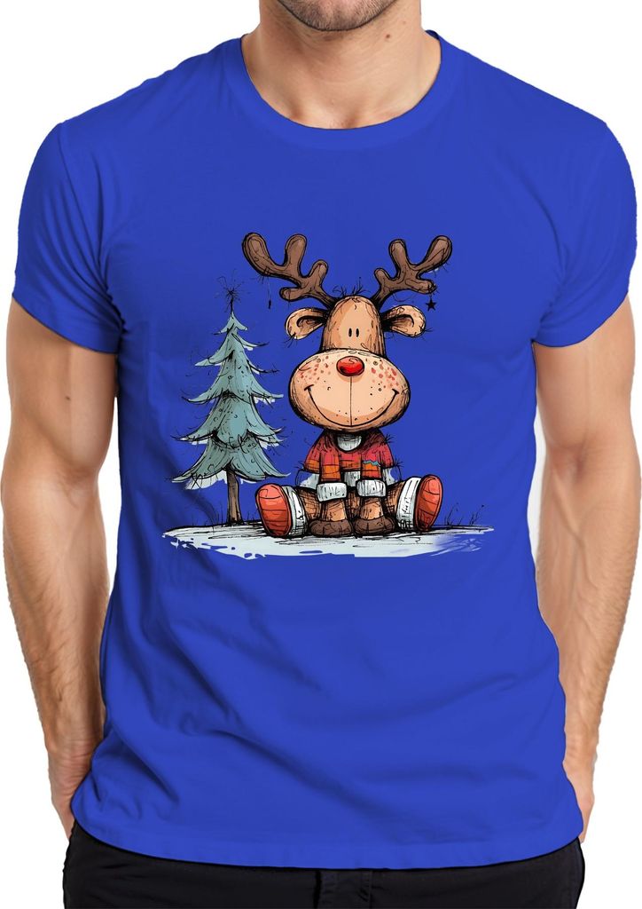 Lustiges Rentier mit roter Nase Weihnachtsbaum Geschenk Winter Herren T-Shirt, Blau, M