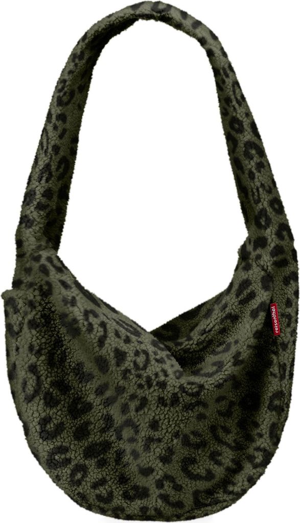 A fuzzy leopard print sling bag on a white background.