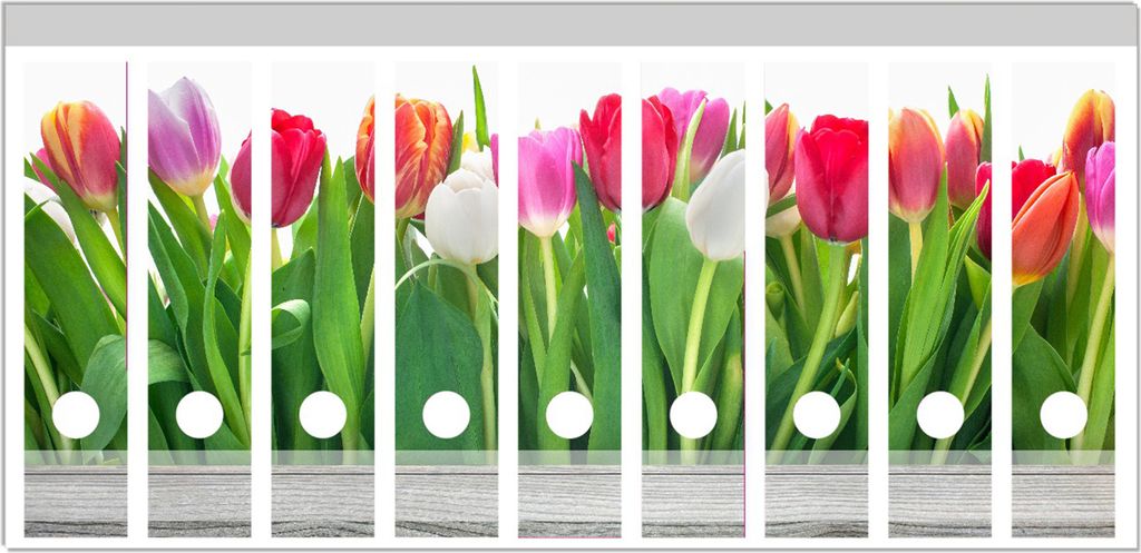 Wallario Ordnerrücken Sticker, selbstklebend für breite Ordner, 9 Stück, Motiv Rote weiße und pinke Tulpen im Frühling