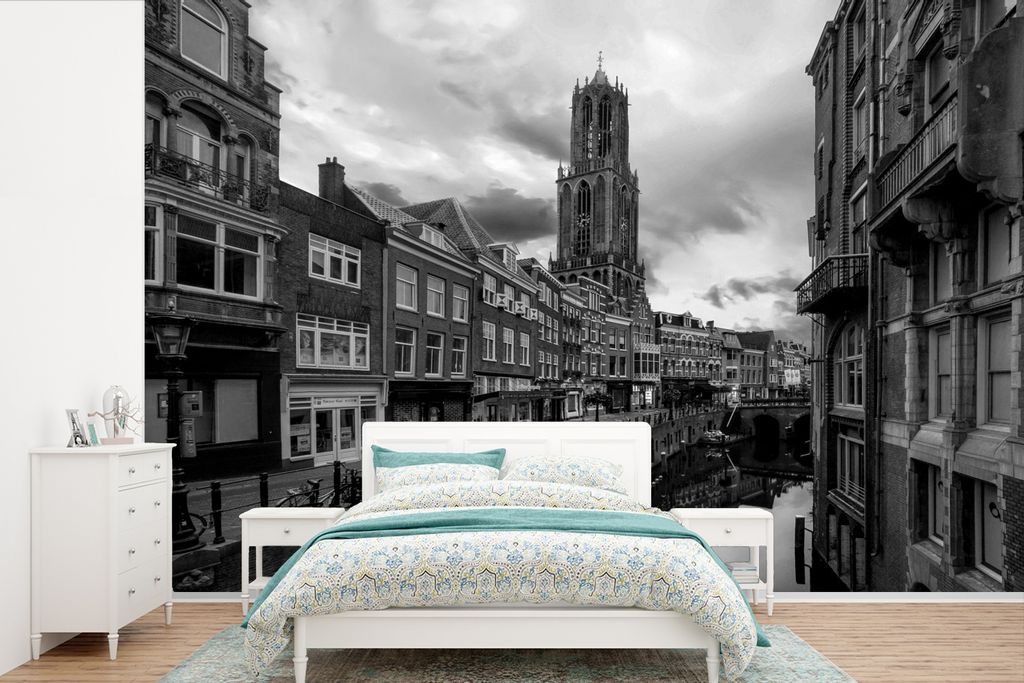 MuchoWow Fototapete für Wohnzimmer oder Schlafzimmer Wandtapete Vinyl Motivtapete Die Grachten im Zentrum von Utrecht in den Niederlanden - schw...
