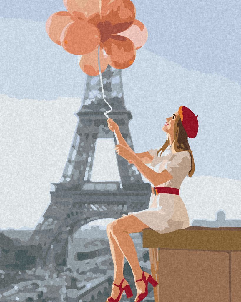 Zuty - Malen nach Zahlen - EIFFELTURM UND FRAU MIT ROTEN LUFTBALLONS, 40x50 cm, mit Keilrahmen (bereits gespannt)
