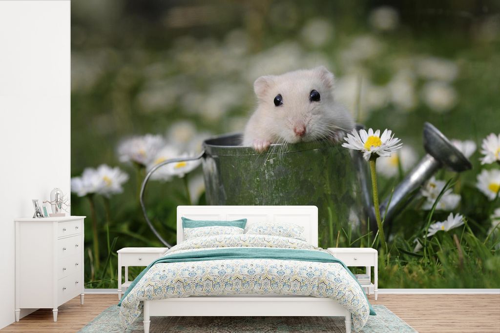 MuchoWow Fototapete für Wohnzimmer oder Schlafzimmer Wandtapete Vinyl Motivtapete Zwerghamster in einer eisernen Gießkanne - 330x220 cm - Fotot...