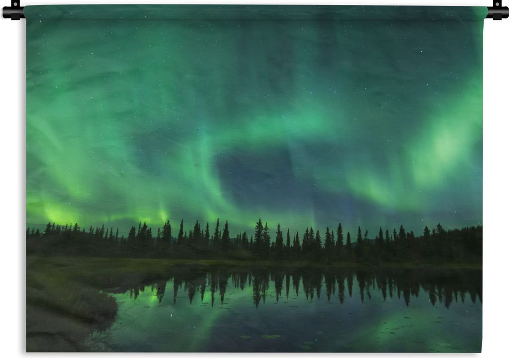 MuchoWow Wandteppich Wandbehang Nordlicht - Bäume - Wasser - Alaska 150x112.50 cm Tapisserie Dekoration Wandtuch - Wanddecke - Wandteppiche