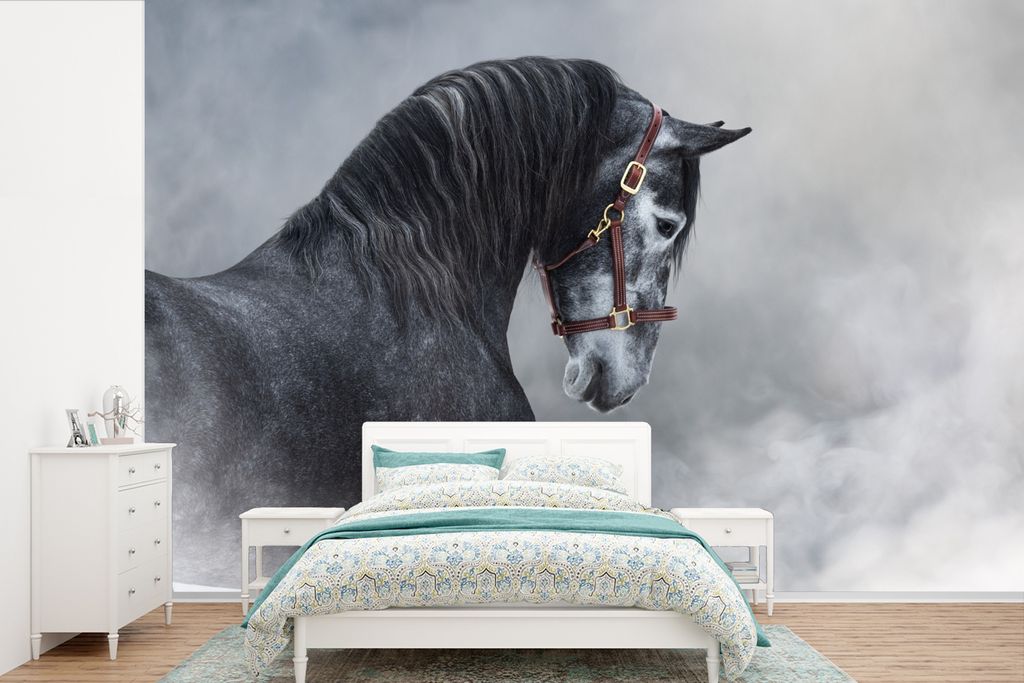 MuchoWow Fototapete für Wohnzimmer oder Schlafzimmer Wandtapete Vinyl Motivtapete Pferd - Grau - Braun - Tiere - Rauch - 390x260 cm - Kindertape...