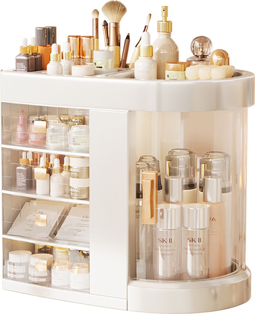 A white cosmetic organizer filled with various skincare and makeup products.