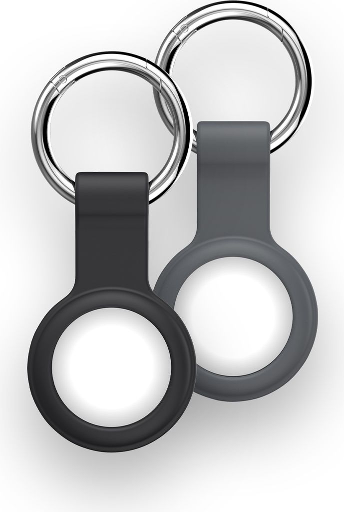 Two AirTag holders, one gray and one black, are shown against a white background.