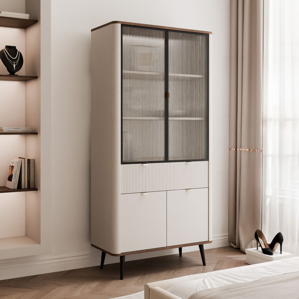 Zweitüriger Hohe Standvitrine NAVANI 90 cm Glasvitrine mit Schublade Vitrine Wohnzimmerschrank Glasschrank Kaschmir + Nussbaum Aufbewahrungsschrank