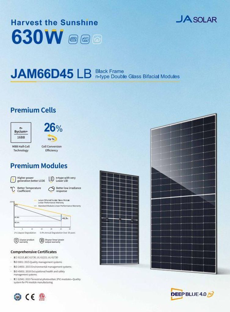 2 x 625W BiFazial Solarmodul JA Solar JAM66D45 625LB (SFR) Photovoltaik Solarpanel PV Normaler Steuersatz