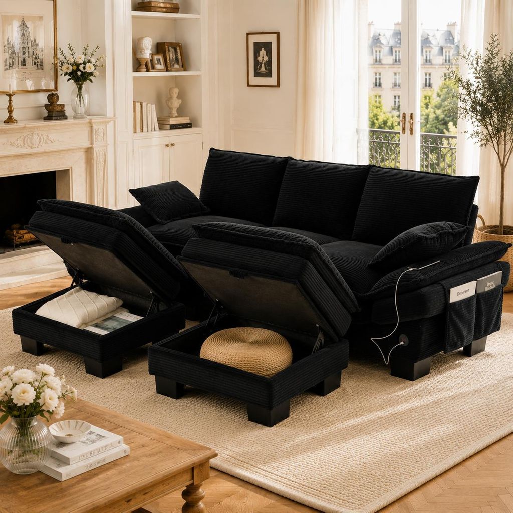Cord Sofa 3 Sitzer Couch modular Polstersofa mit 2 Hockern USB C Ladestation Seitentasche breite Sitzfläche ergonomisch Wohnzimmercouch Schwarz