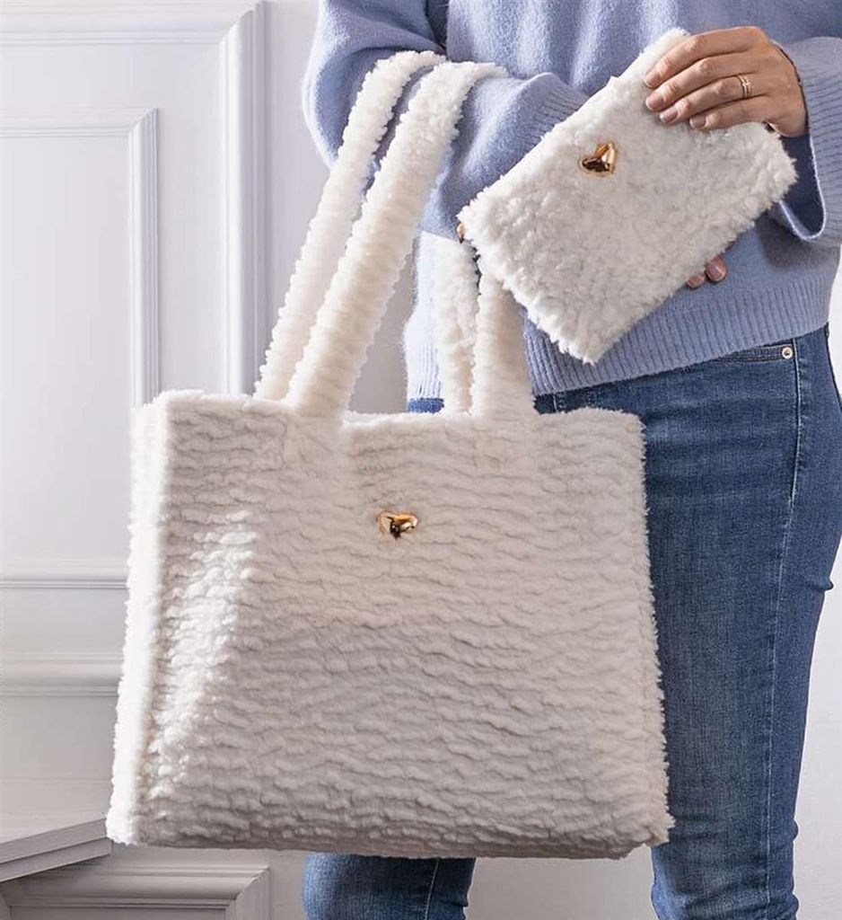 Tasche + Kosmetiktasche "Kuschelweich" in offwhite, Damen Handtasche mittelgroß, weiß, Henkeltasche, Schultertasche, Taschenset