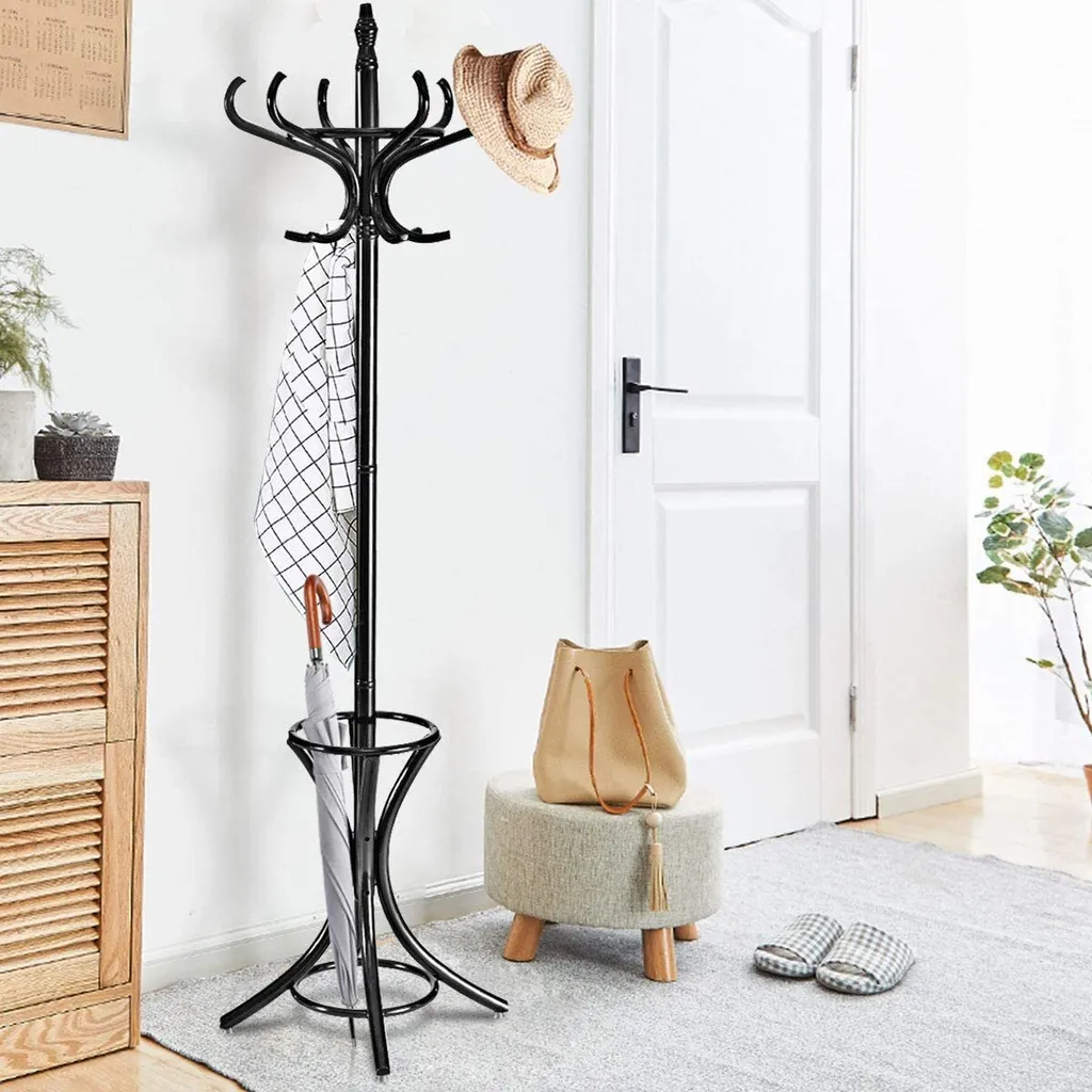 Porte-manteau sur Pied en Bois Noir 184 cm avec Support pour Parapluies