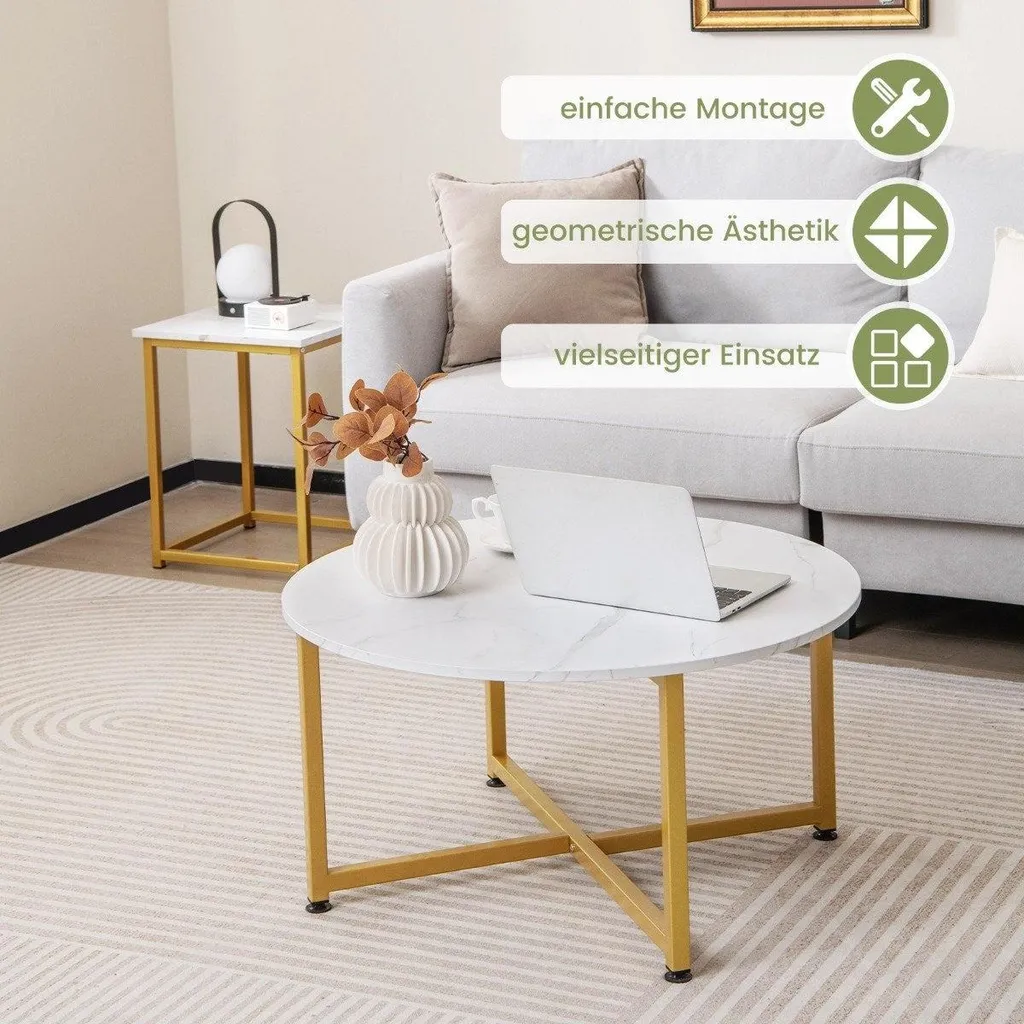 Tables basses en métal robuste blanc, ensemble 3 pièces design géométrique