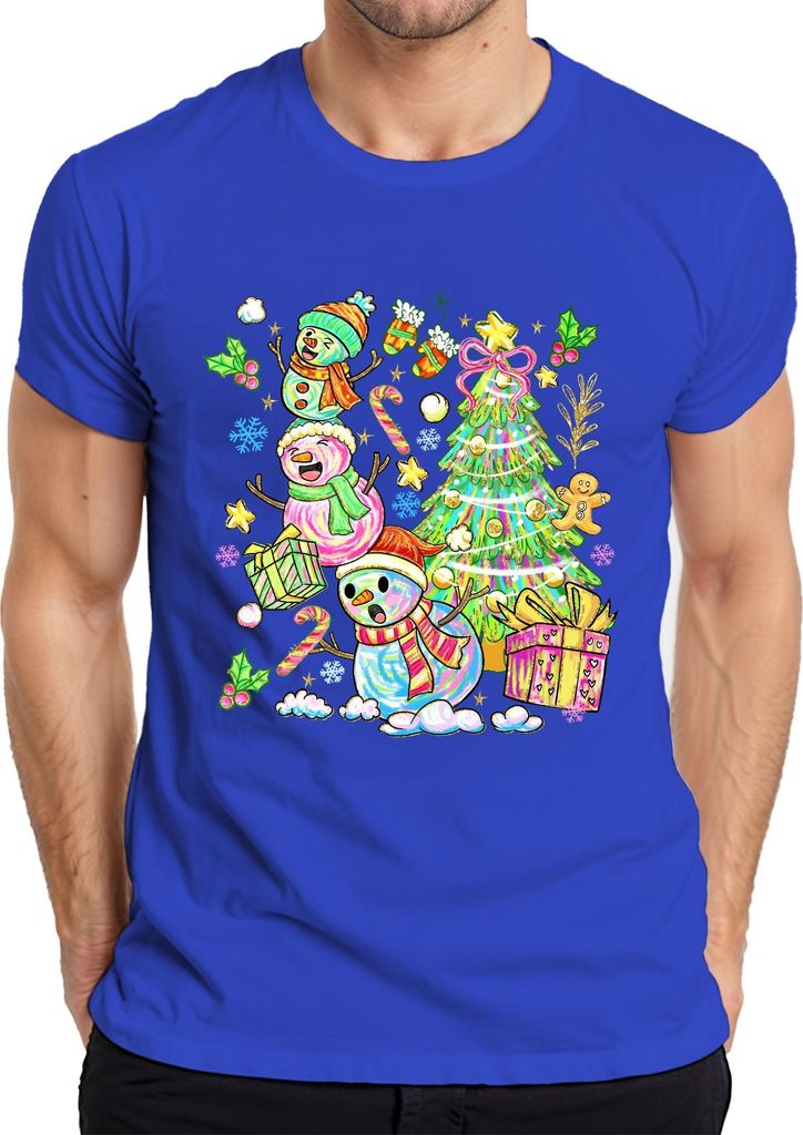 Weihnachten Schneemann Tannenbaum Zuckerstange Lebkuchen bunt Herren T-Shirt, Blau, 3XL