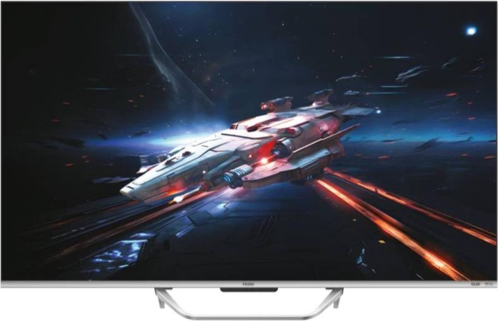 A futuristic spaceship in space, displayed on a TV screen.