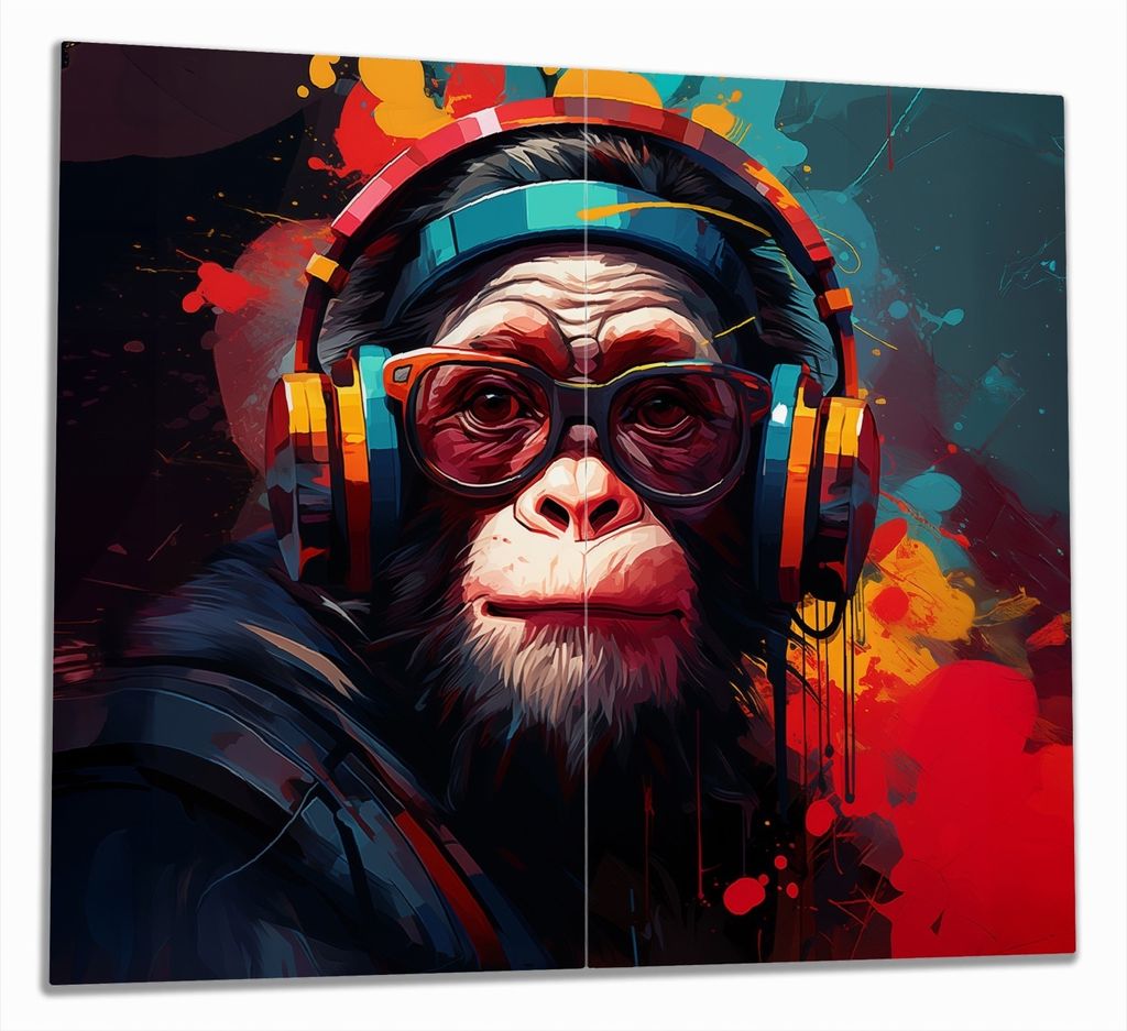 Wallario Herdabdeckplatte aus Glas, Größe 60 x 52 cm 2-teilig, Motiv Chimp - Musik