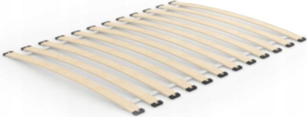 A slatted bed base shown from a diagonal angle on a white background.