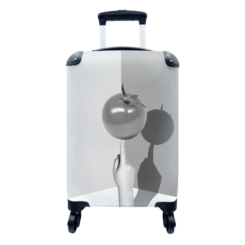 MuchoWow Koffer Handgepäck Trolley Rollkoffer Kleine Reisekoffer mit 4 Rollen - Tomate im Gleichgewicht - schwarz und weiß - Cabin Size < 55x40...