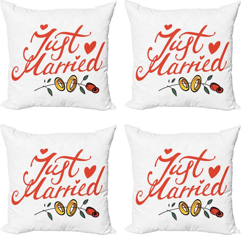 ABAKUHAUS Hochzeit Kissenbezug Set (4 Stück), Just Married-Rosen-Ringe, Moderner Doppelseitiger Digitaldruck, 45 cm x 45 cm, Rote Farn-Grün Weiß