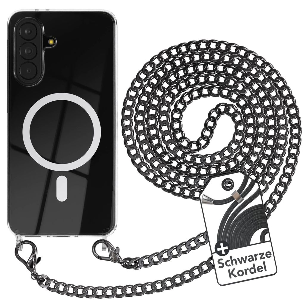 EAZY CASE Handykette kompatibel mit Samsung Galaxy A37 Kette zum Umhängen aus Metall, Silikonhülle mit Band, stoßfest, mit MagSafe in Grau