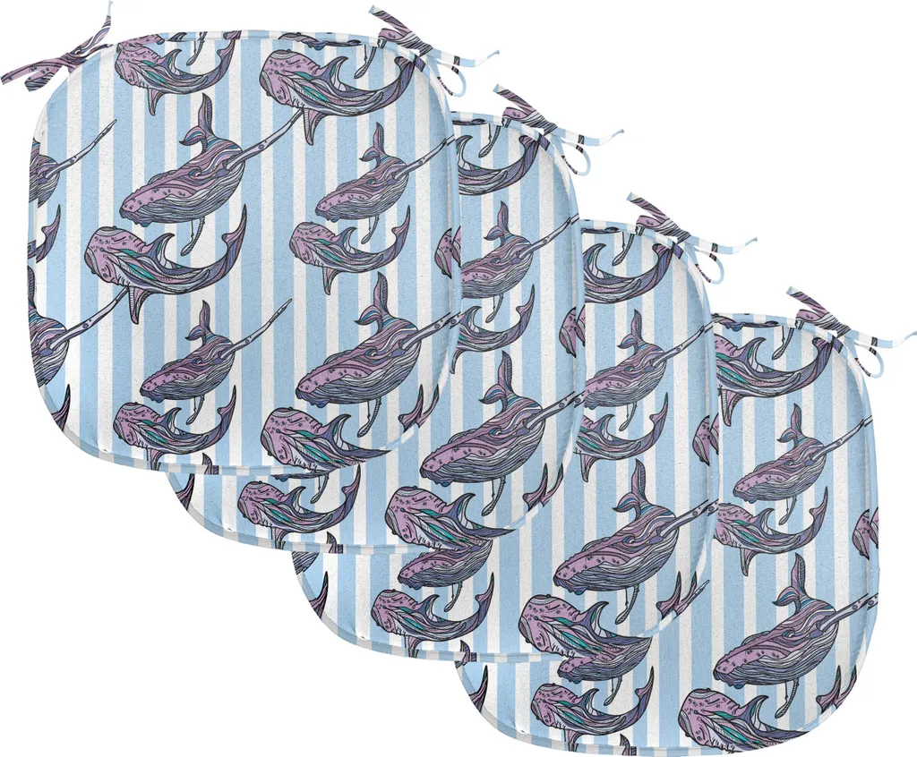 ABAKUHAUS Wal Imbottitura per sedie da sala da pranzo, Mammiferi marini giganti, Cuscino decorativo impermeabile con cinturini per sedie da cucina, 40 cm x 40 cm - Confezione da 4, Lilla Azzurro Bianco