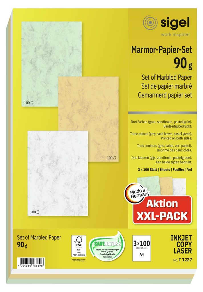 SIGEL T1227 Marmor-Papier-Set sandbraun, pastellgrün, grau - 90 g/m² - A4 - 300 Blatt