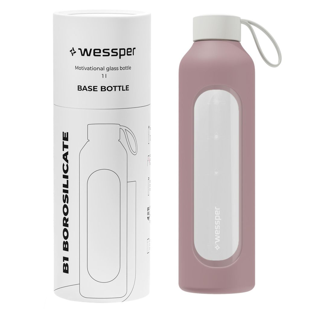 A glass water bottle with a silicone sleeve and its packaging tube.