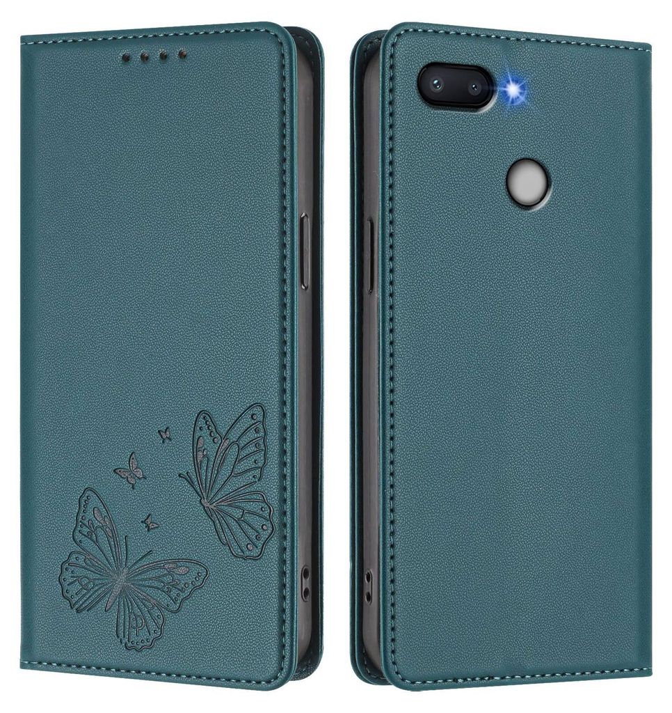 Lederhülle für Xiaomi Redmi 6/Redmi 6A, Schmetterling Prägung Leder Brieftasche Schutzhülle mit Ständer Grün