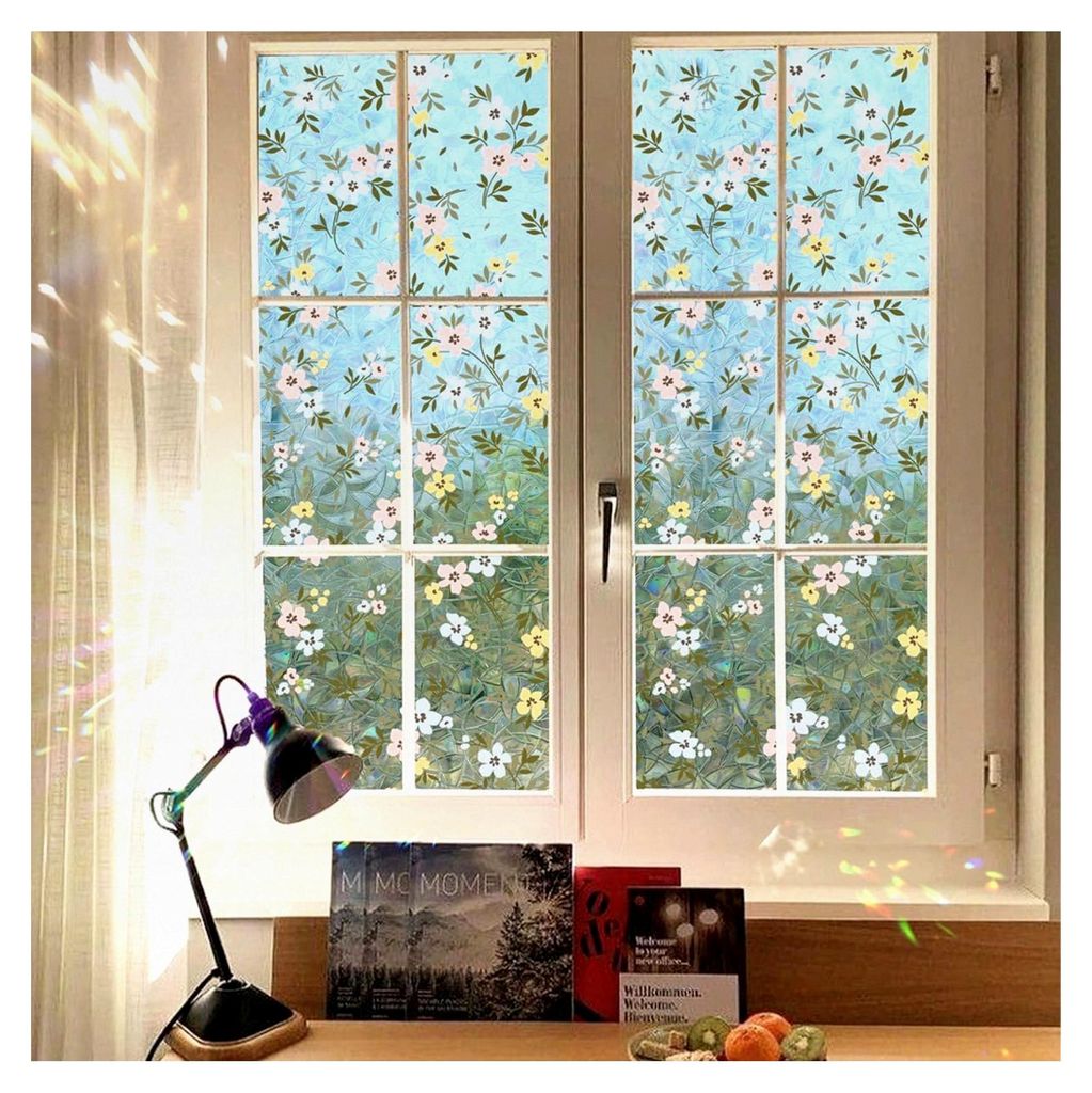 Sichtschutzfolie für Fenster, Regenbogenfarben, Boho, Gänseblümchen, 3D-Dekor, Vinyl, Buntglas, Wildblume, Blätter, statischer Aufkleber, 40 x ...