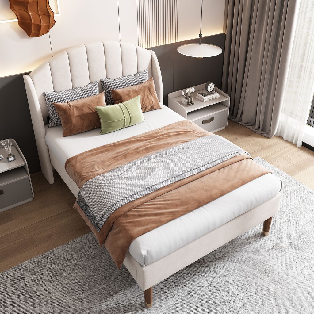 okwish Polsterbett 90*200, Jugendbett mit Lattenrost und Kopfteil, Einzelbett mit Lattenrost aus Holz, einfacher Aufbau, Samt, Beige