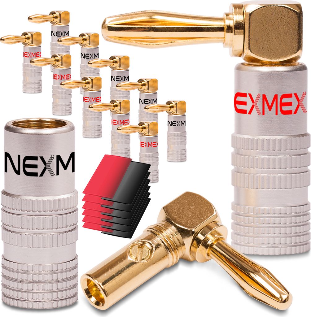 12x High End NEXMEX Winkel Bananenstecker Schrumpfschlauch 24K vergoldet Banana
