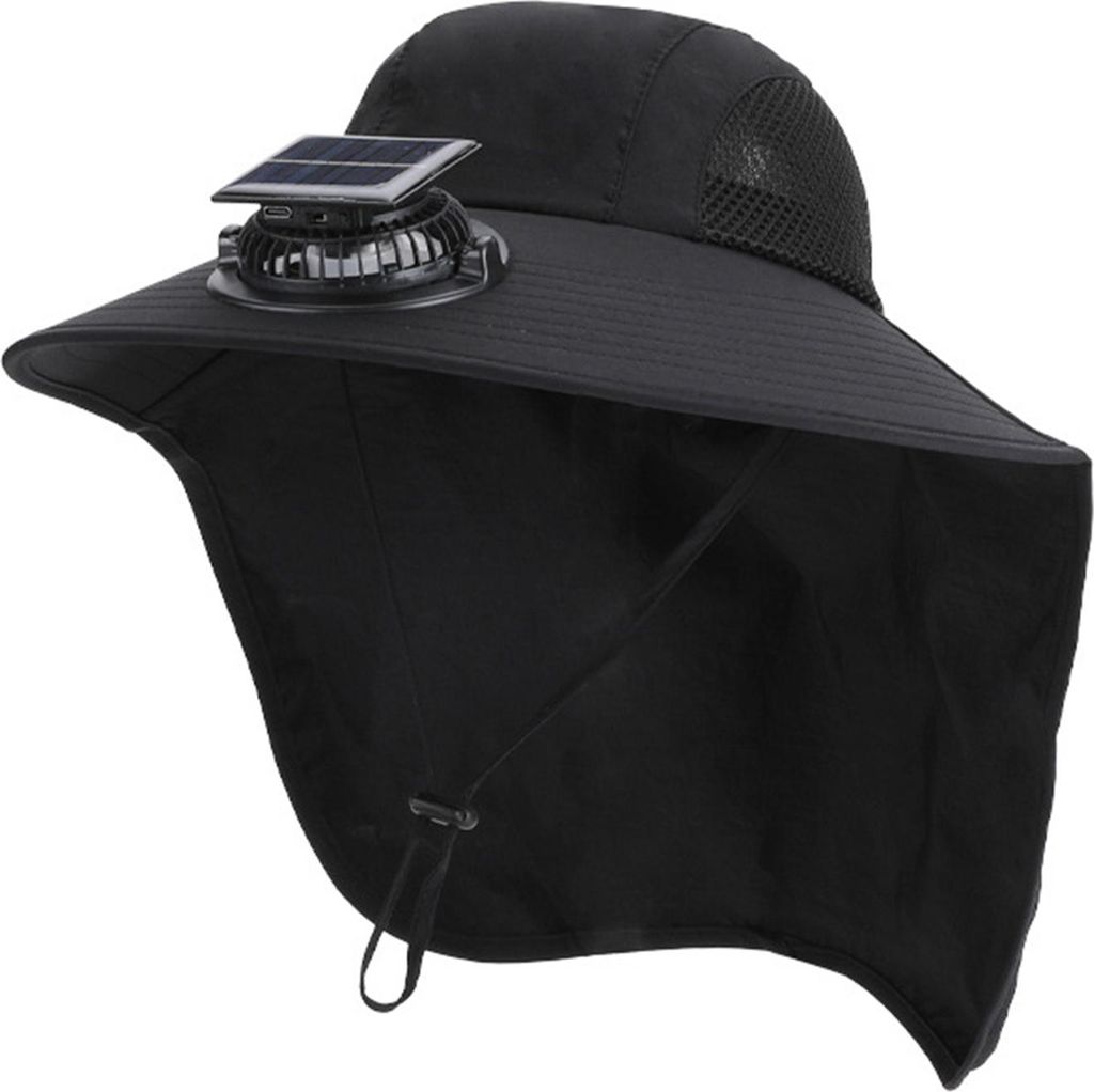 Solar-Fan-Hut, breitkrempiger Schal-Fischerhut mit Dual-Power-Fan-Design, Solar-USB-Aufladung, UV-Schutz, Outdoor-Hut