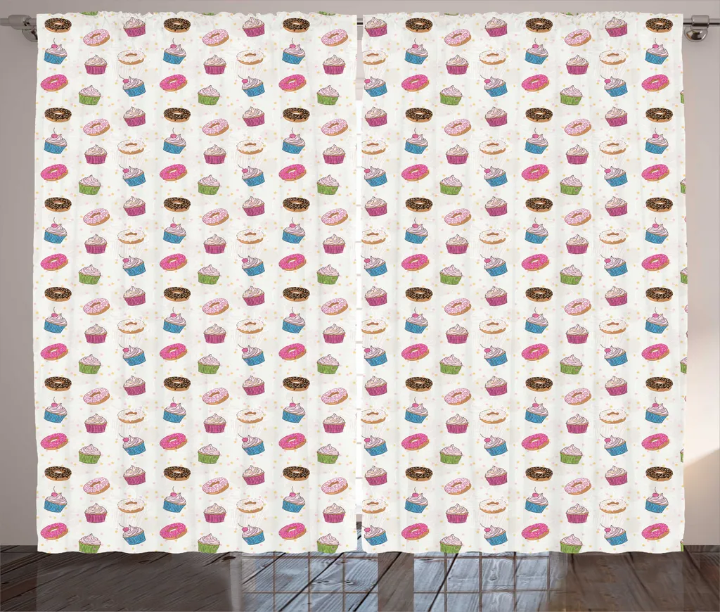 Rideaux à bande universelle motif pâtisserie 280x225 cm pour le salon