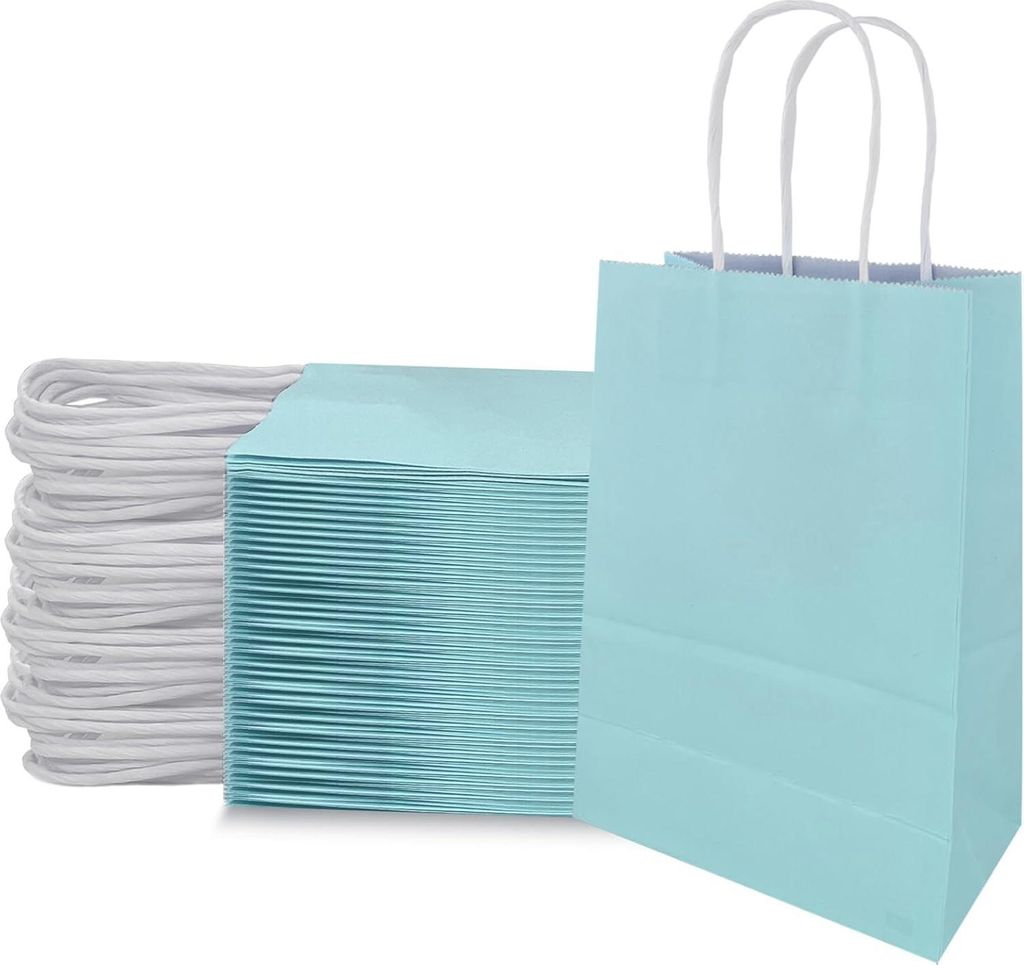 50 Stoffpapierbeutel mit Griff - Papierschachtel Geschenk - dicht 21 x 8 x 15 cm - Himmelblau