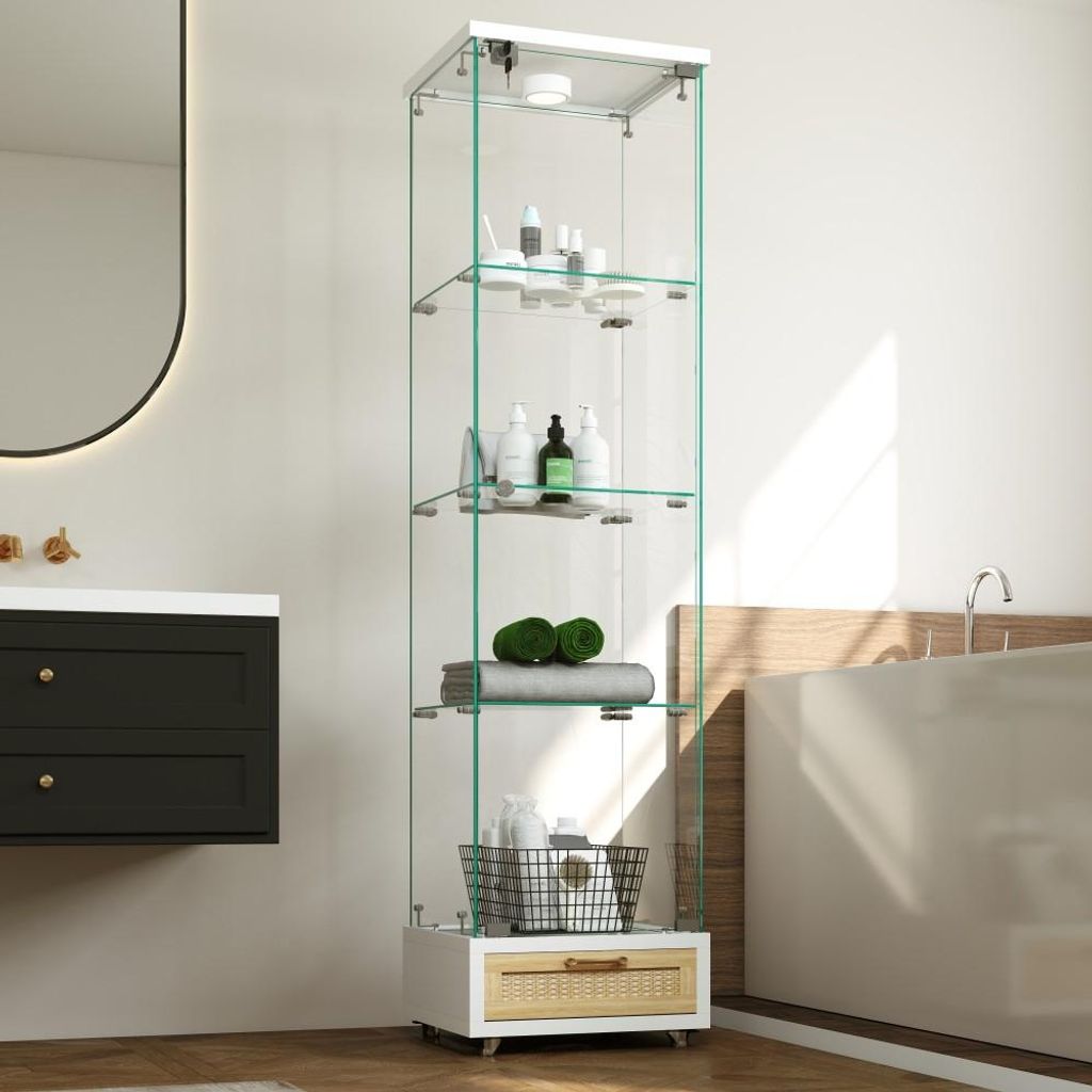 Glasvitrine mit LED, Bücherschrank, Schubladen, Glastür, Wohnzimmer, Schwarz, H167cm