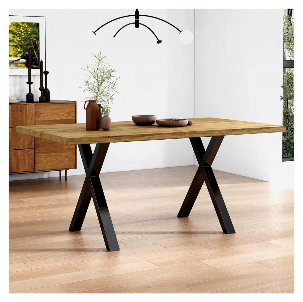 Esstisch mit gekreuzten Beinen, moderner rechteckiger Tisch aus Schmiedeeisen, L140*B80*H76cm, Eiche und Schwarz