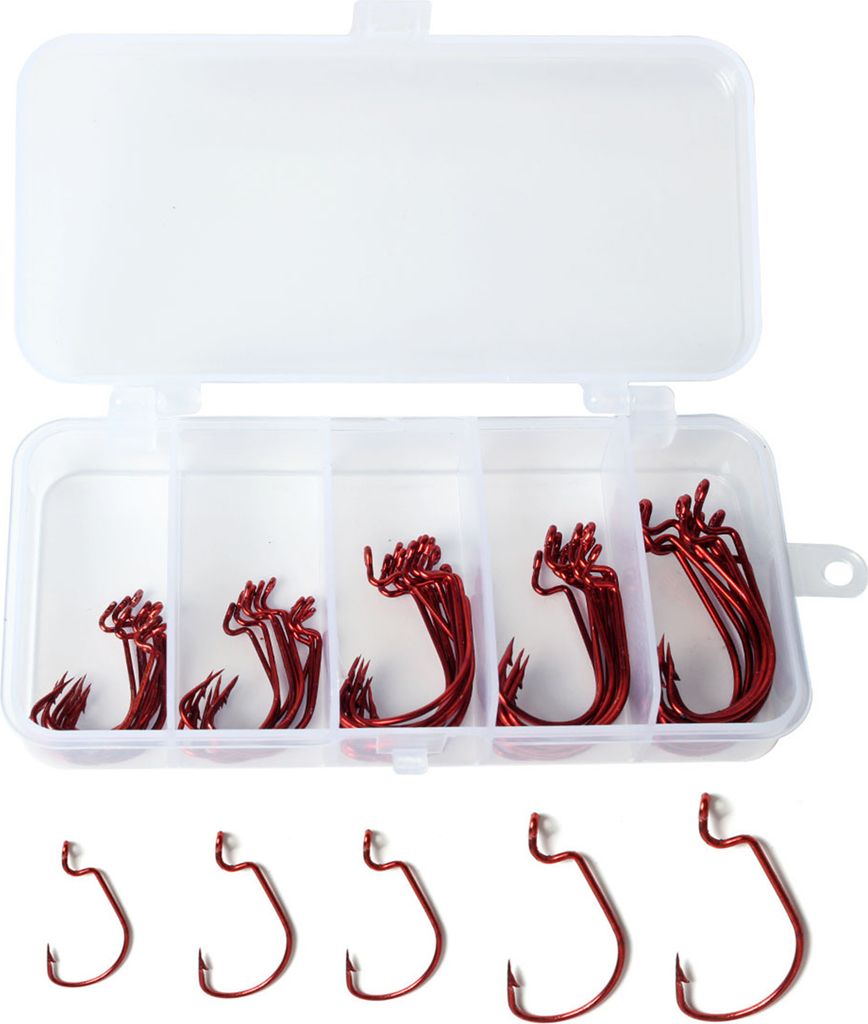 50 Stueck Angelhaken, versetzte Wurmhaken, Angelhaken aus Kohlenstoffstahl, mit Kunststoffbox