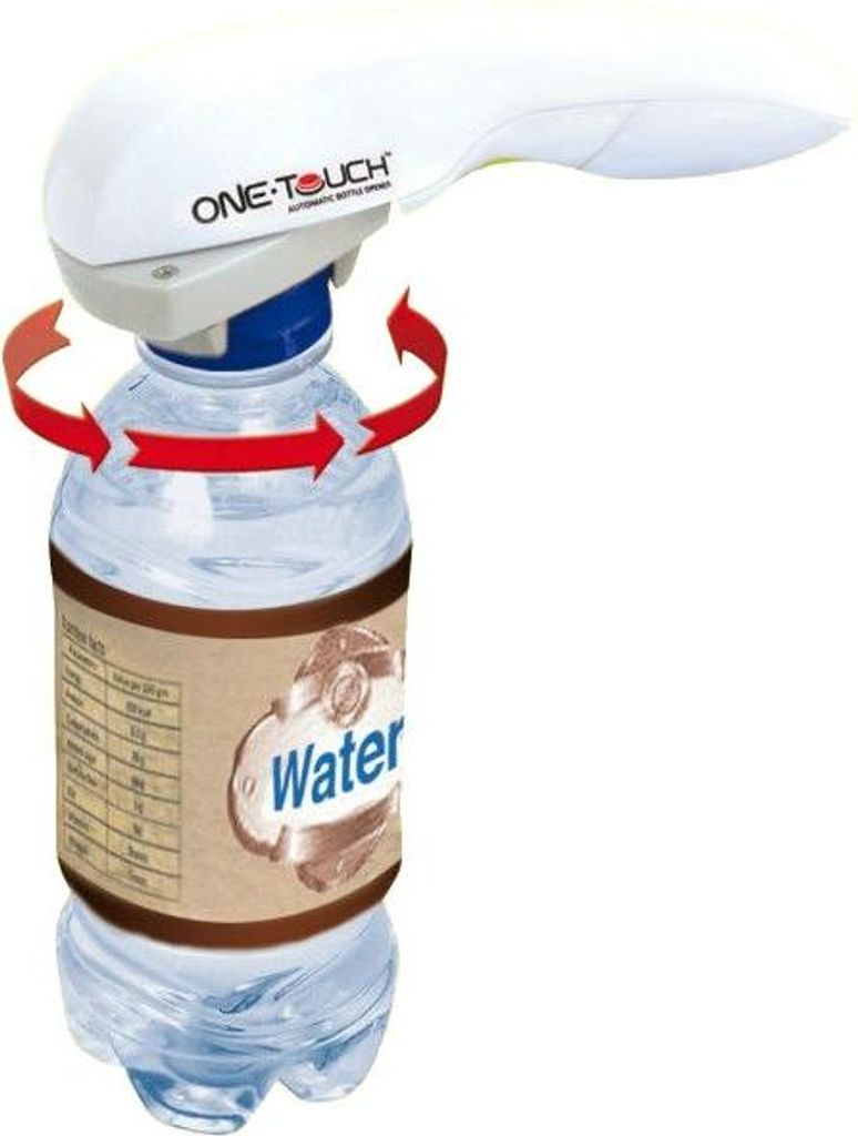 An automatic bottle opener is shown attached to a plastic water bottle.