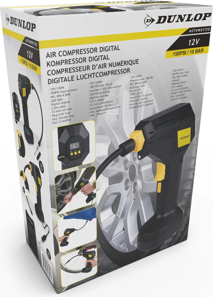 Mini compresseur 150 PSI Dunlop numérique 12V avec kit de gonflage - 2