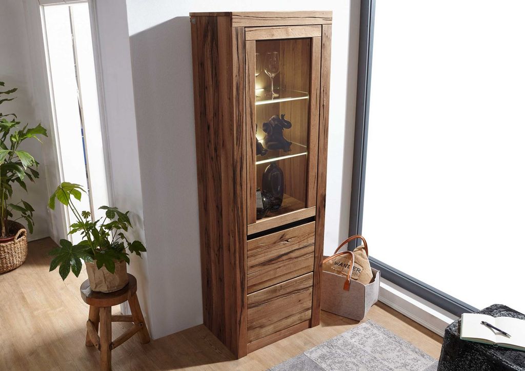 MASSIVMOEBEL24 Vitrine Wild-/Zerreiche 62x42x191 Tabacco brown geölt MONTREUX #320