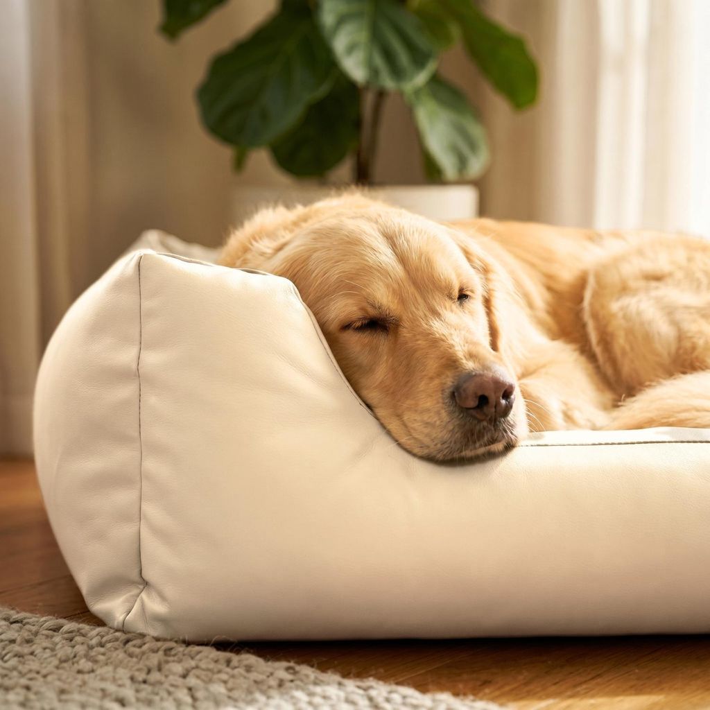 4L Textil Mario Orthopädisches Hundebett aus Kunstleder Beige 120x90 cm Memory Foam Robust Wasserabweisend Für Große Hunde