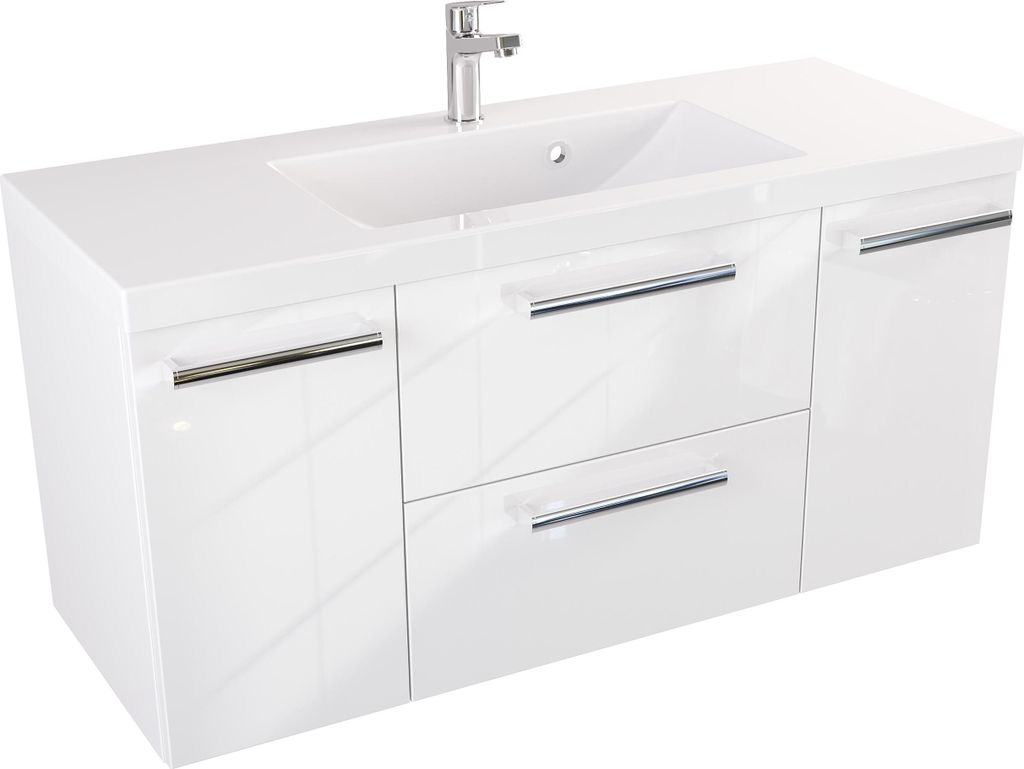 FURNI Waschtischunterschrank ATH 100 cm - Weiß Hochglanz - Hängender Badschrank mit Mineralguss-Waschbecken - Griffe - Vormontiert