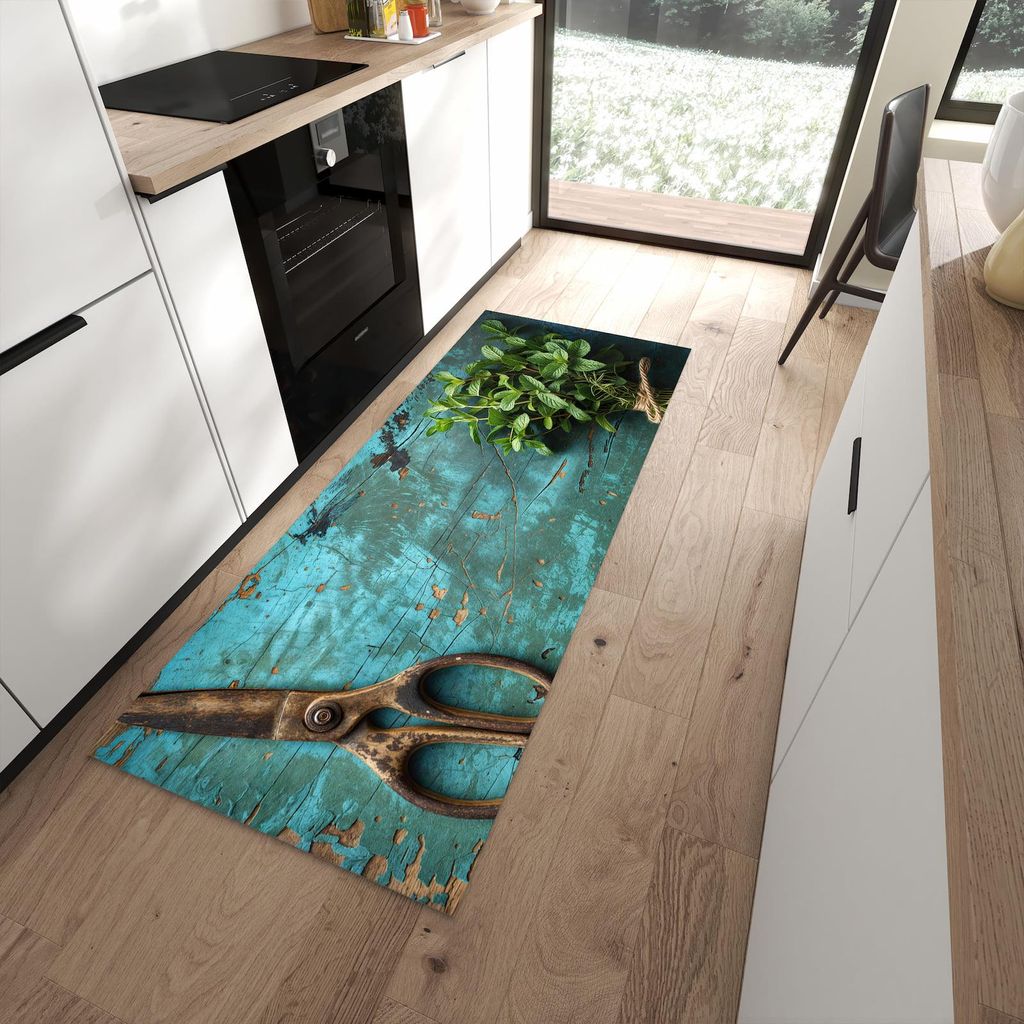 Küchenteppich 80x200cm rutschfest & abwischbar PVC Läufer - Alte Schereauf Holz