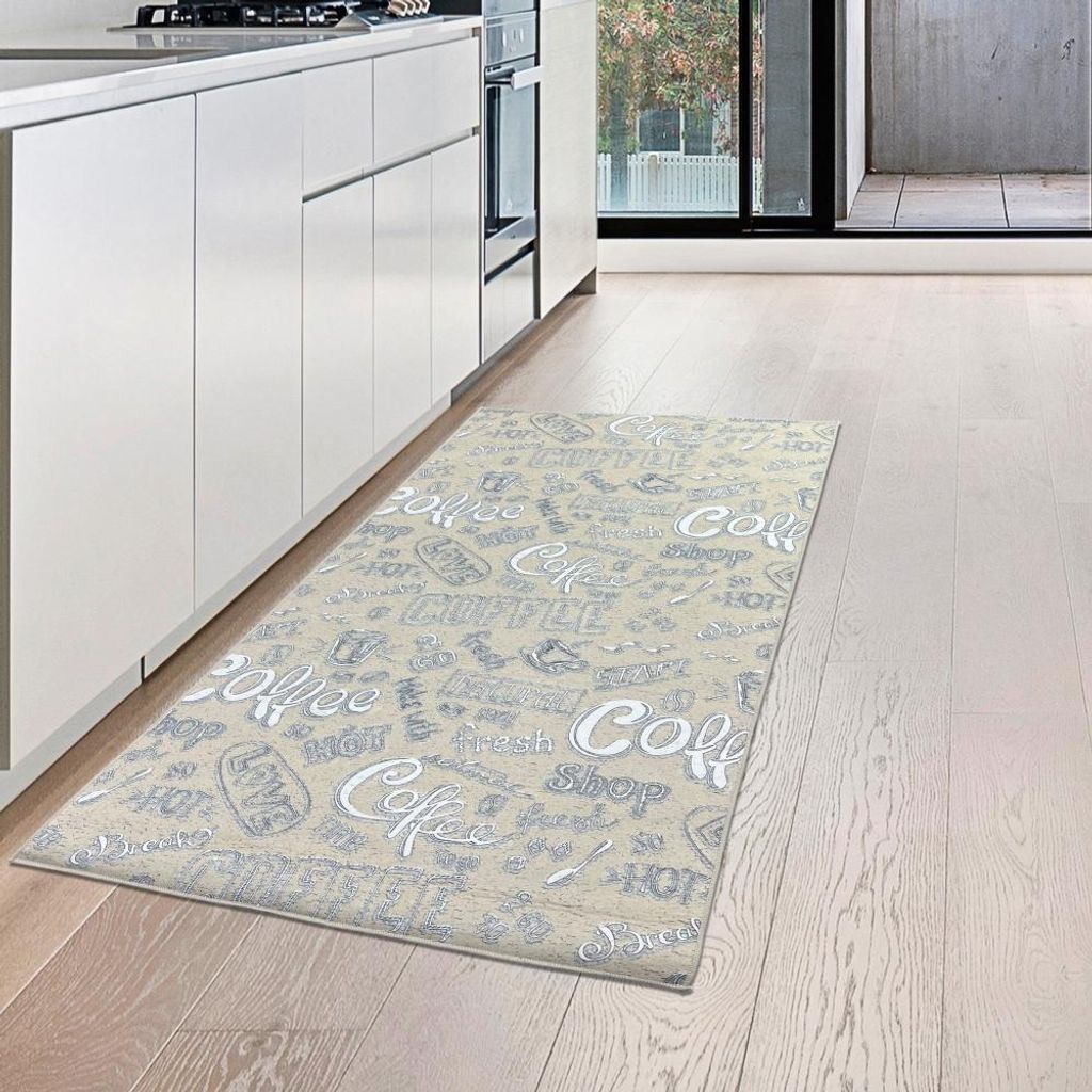 Tapis de cuisine beige lavable avec inscription "Coffee" en Image du produit 