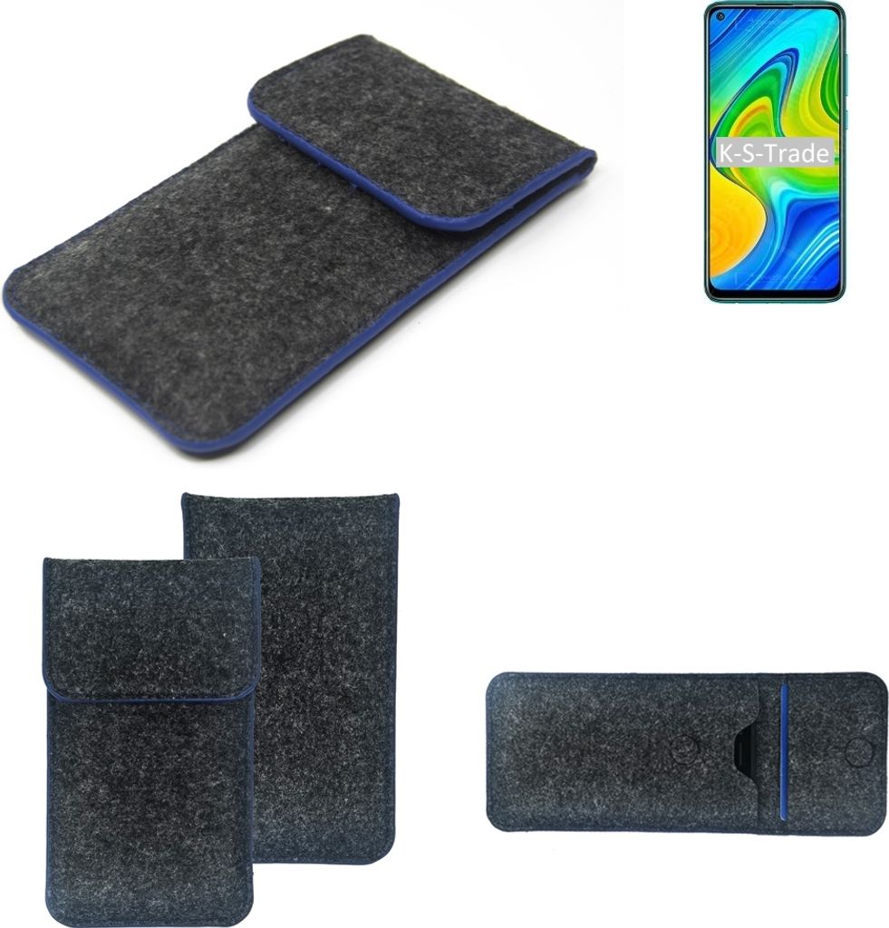 K-S-Trade Handy-Hülle Schutz-Hülle kompatibel mit Xiaomi Redmi 10X 4G Filztasche Pouch Tasche Case Sleeve Filzhülle dunkelgrau, blauer Rand