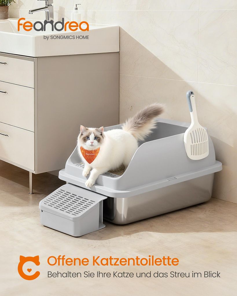 Feandrea Katzenklo Edelstahl, Katzentoilette, offenes Produktbild 