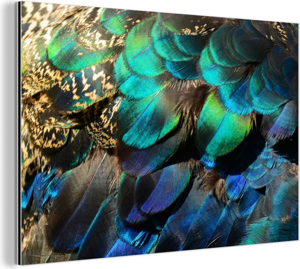 MuchoWow Wanddekoration Metall Metallbild Wandkunst 120x80 cm Federn - Pfauenfedern - Pfau - Blau - Kunst MuchoWow Aluminium Gemälde - Alu Bild