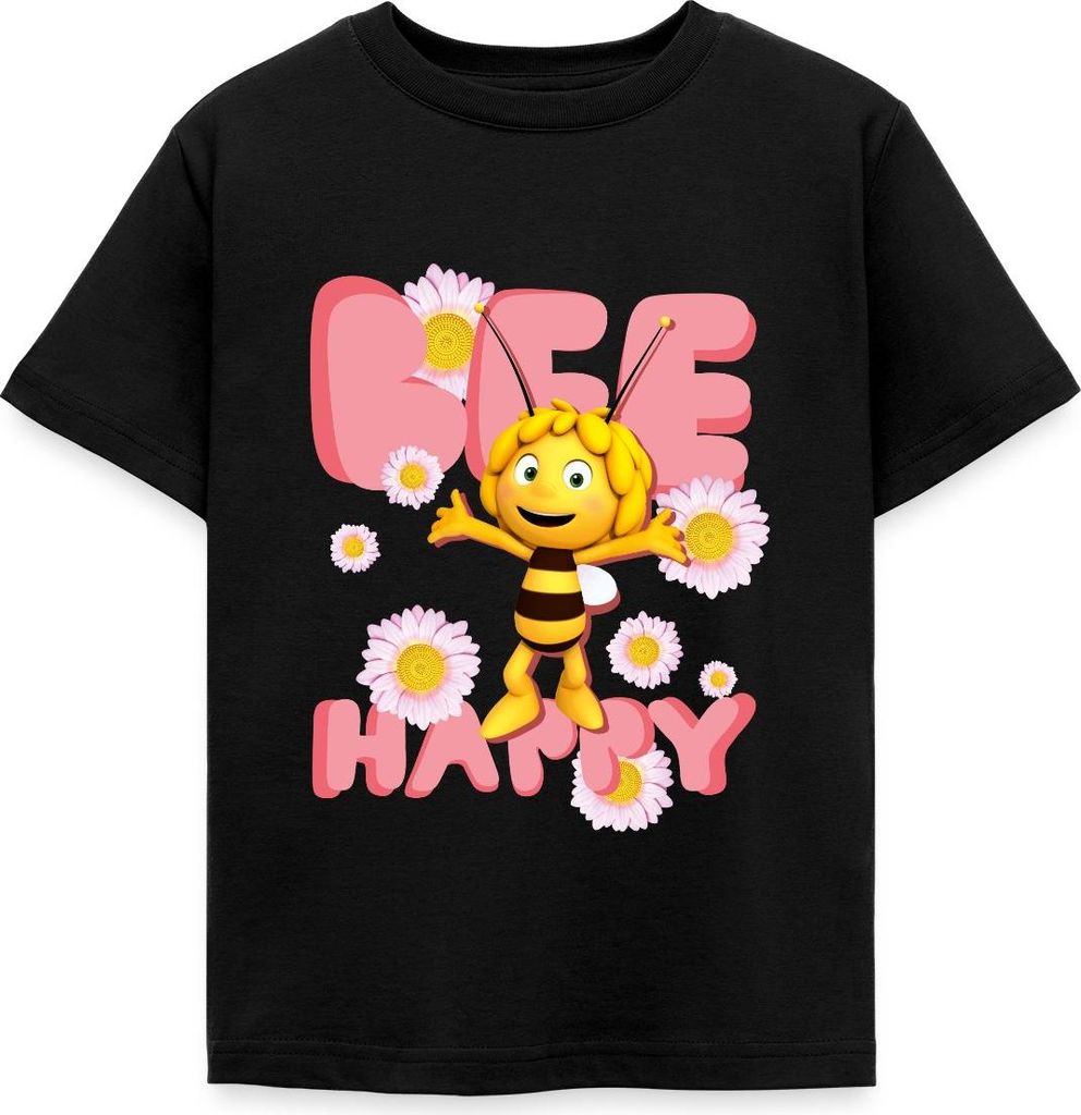 Spreadshirt Biene Maja Bee Happy Spruch Kinder T-Shirt, 122/128 (7-8 Jahre), Schwarz